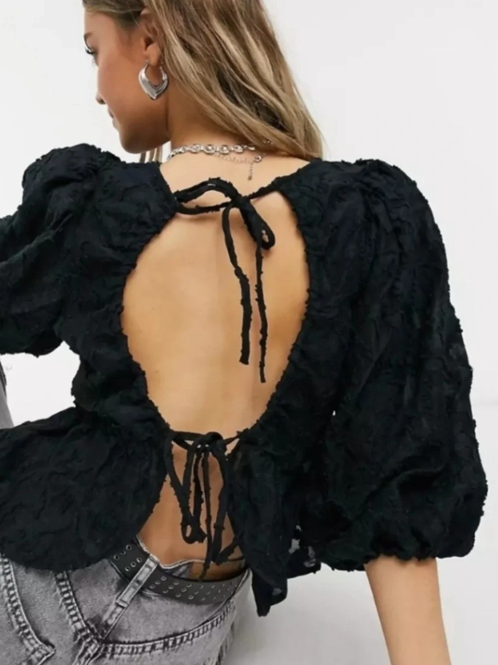 Free People Callie Black Textured Puff-Sleeve Peplum Blouse. Bohemian. Festival